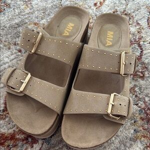MIA Tan Sandals with Gold Accents